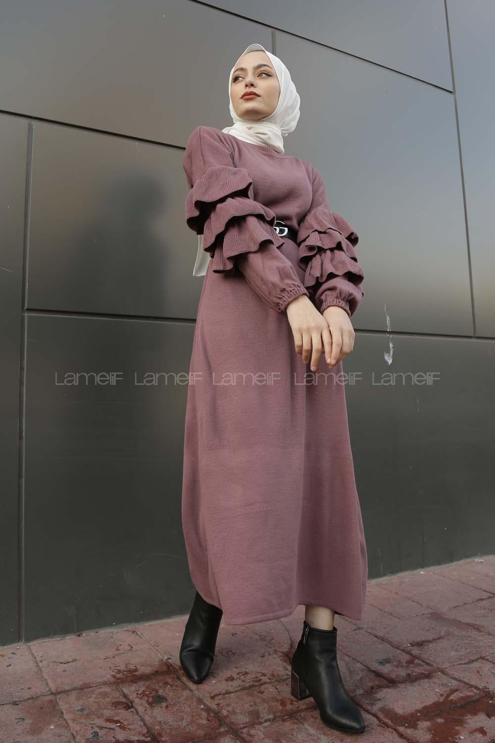 Modalamelif Kolları Fırfırlı Triko Elbise Gül Kurusu