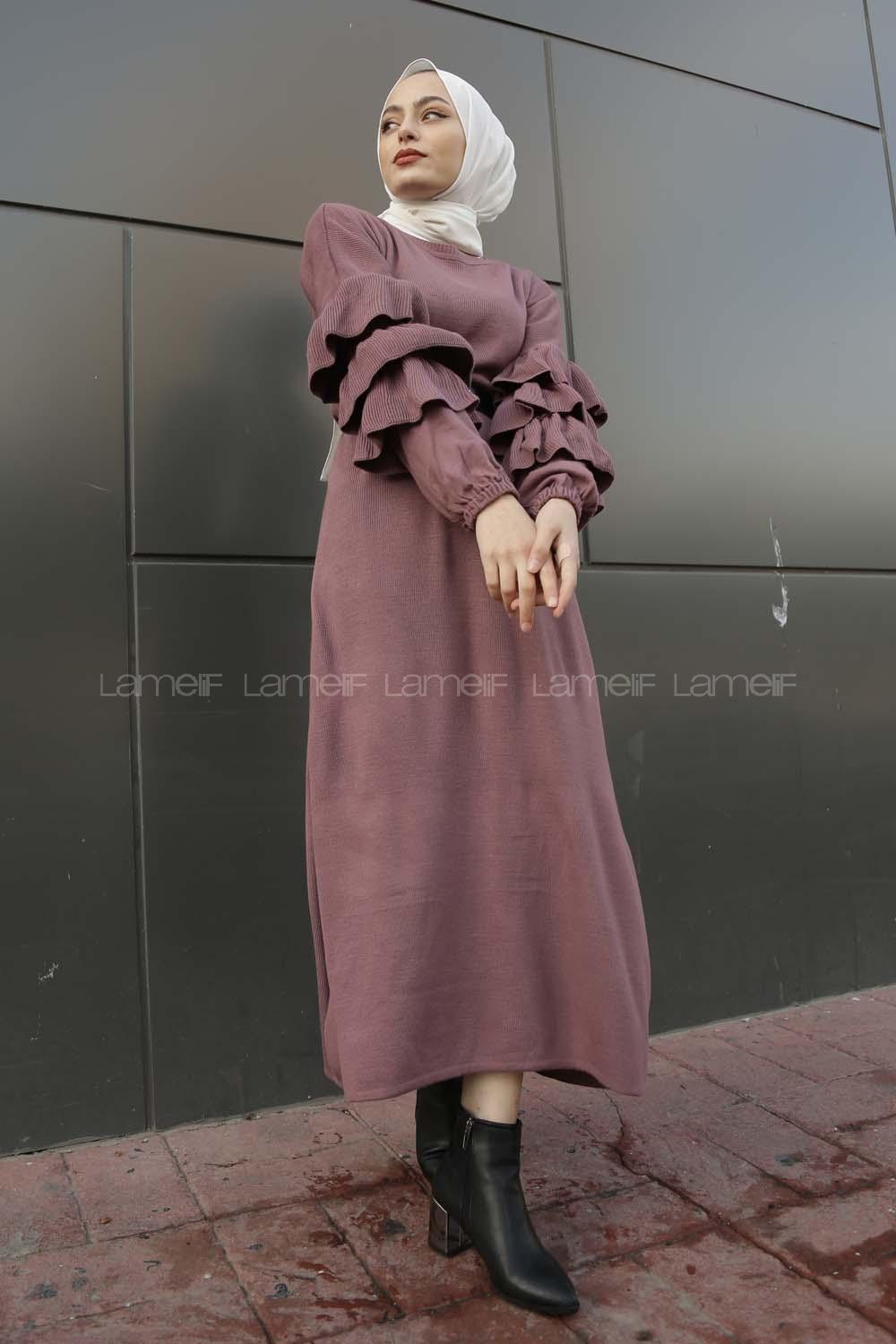 Modalamelif Kolları Fırfırlı Triko Elbise Gül Kurusu