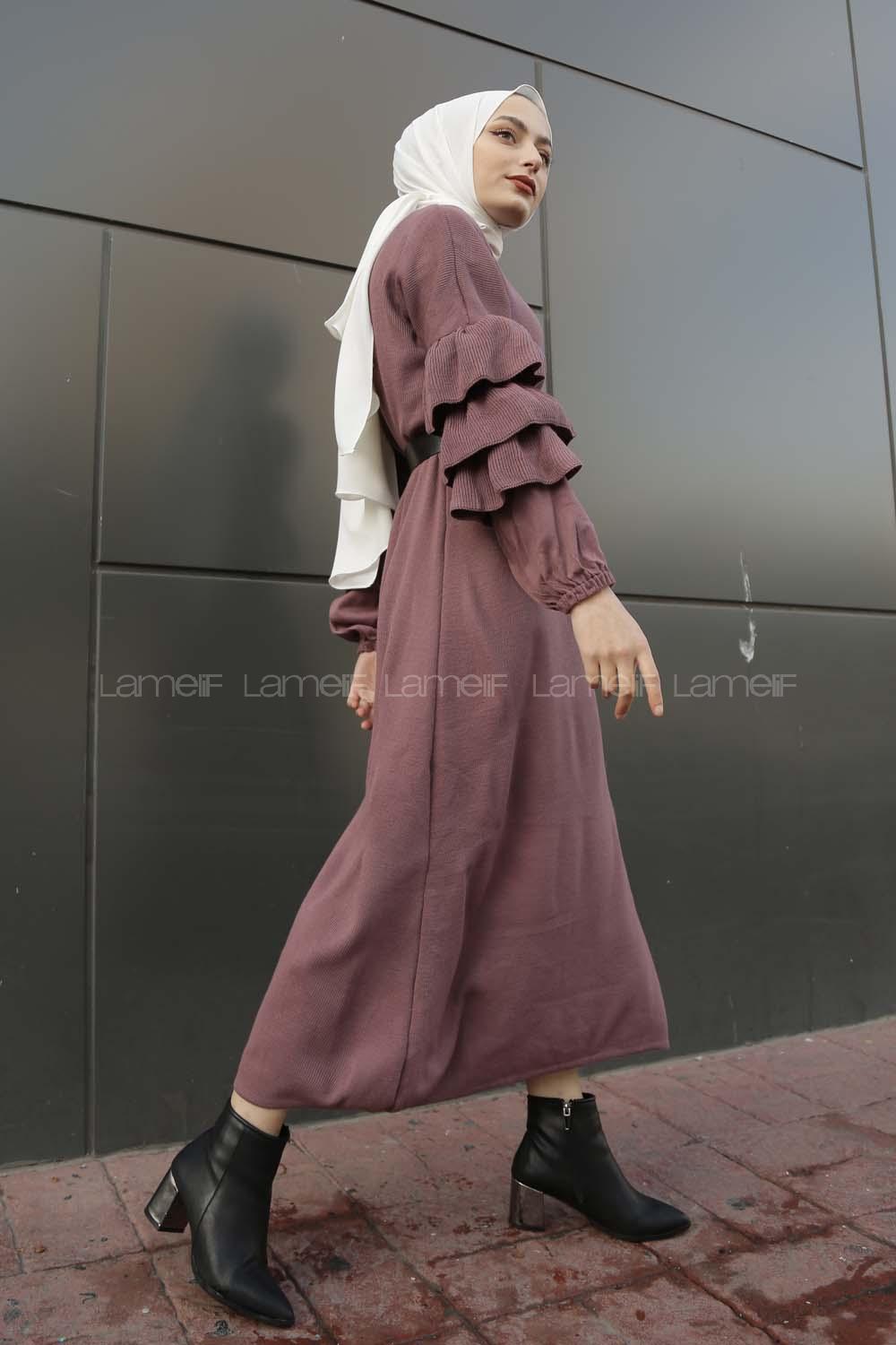 Modalamelif Kolları Fırfırlı Triko Elbise Gül Kurusu