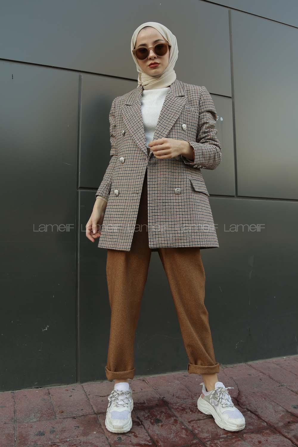 Modalamelif Önü Düğmeli  Havana Kruvaze Ceket Sütlü Kahve