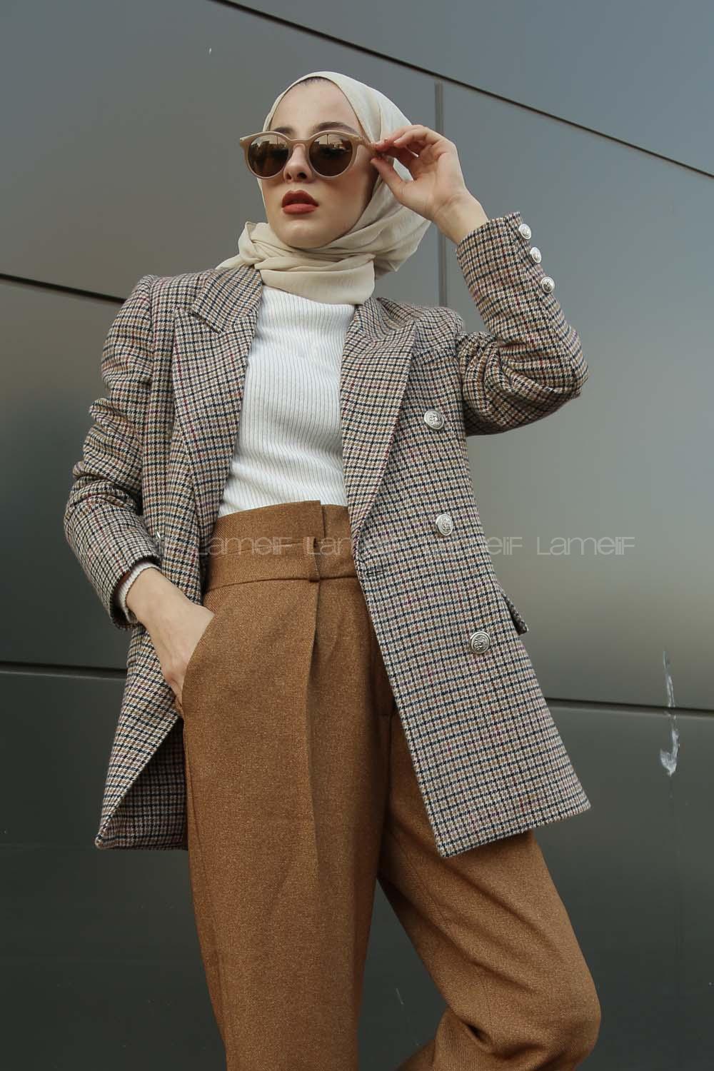 Modalamelif Önü Düğmeli  Havana Kruvaze Ceket Sütlü Kahve