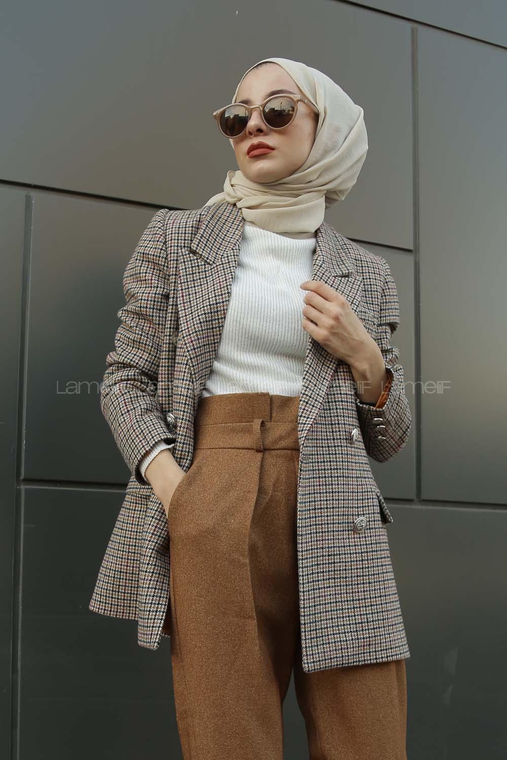 Modalamelif Önü Düğmeli  Havana Kruvaze Ceket Sütlü Kahve