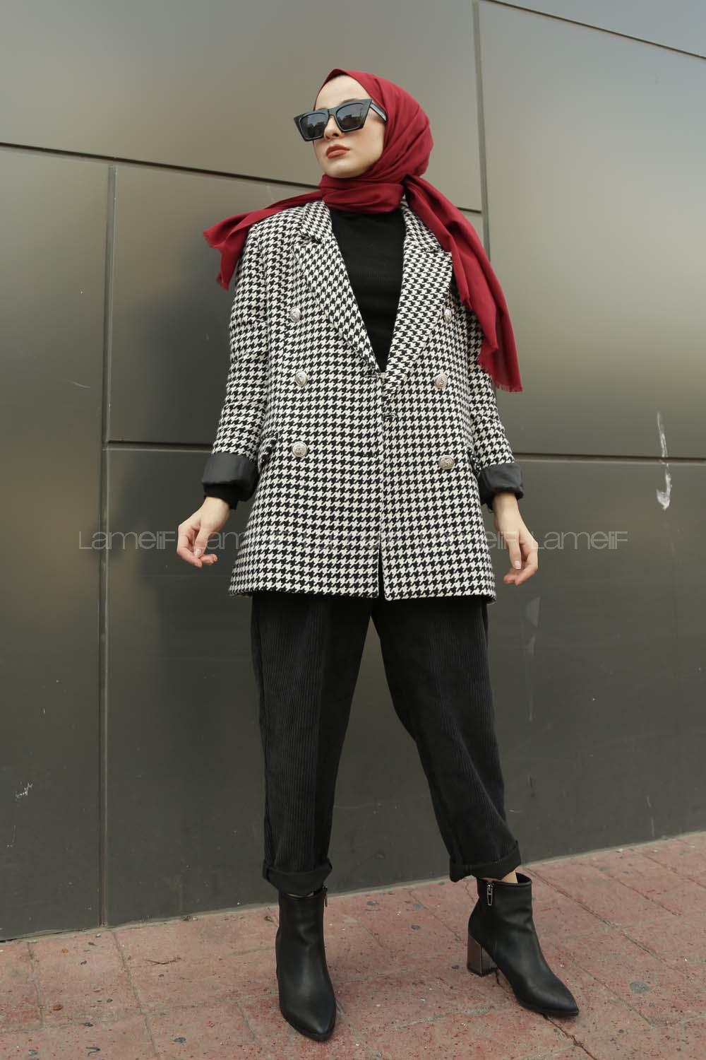 Modalamelif Önü Düğmeli  Kazayağı Desen Kruvaze Ceket Siyah Beyaz