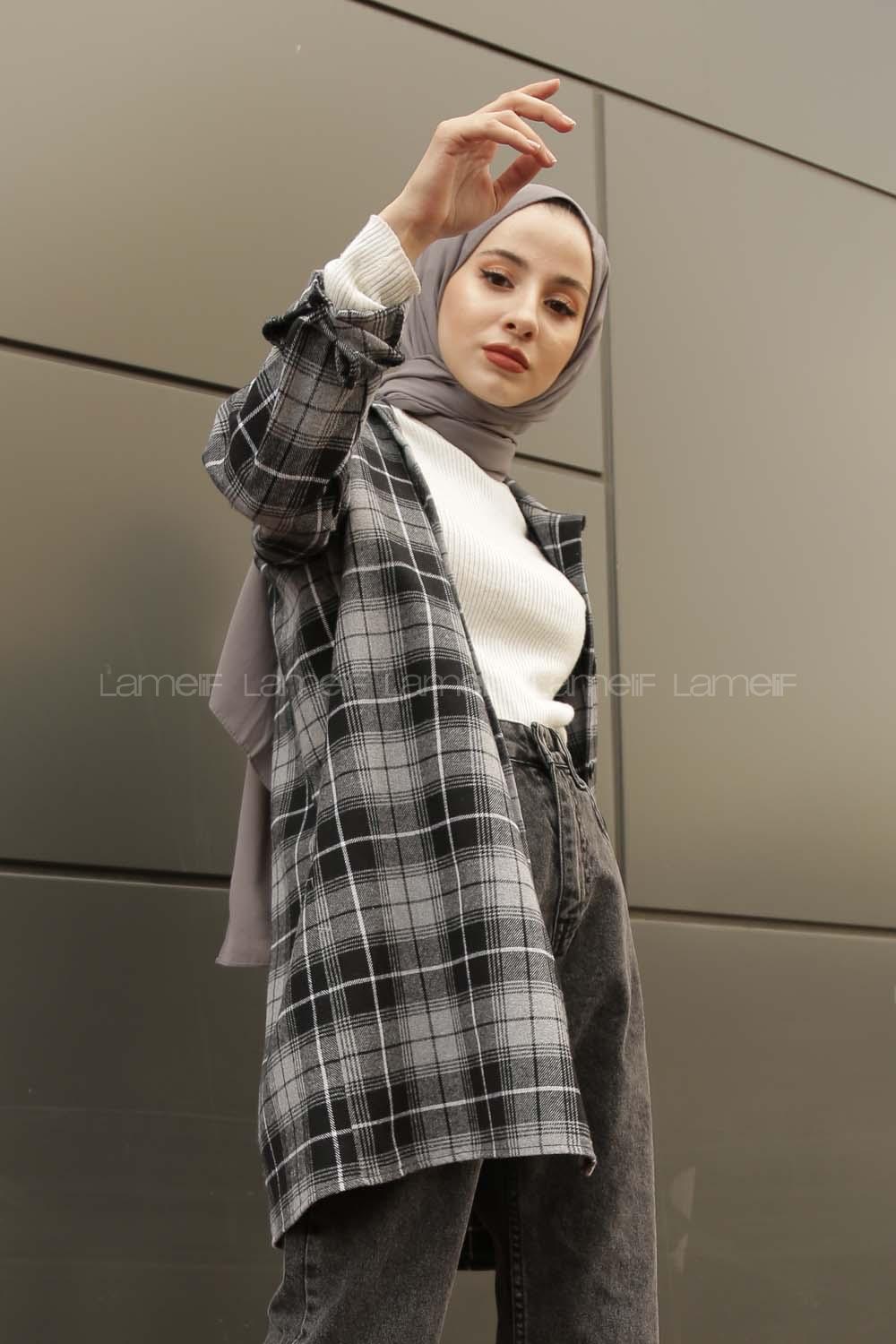 Modalamelif  Önü Düğmeli Oduncu Gömleği Gri Beyaz