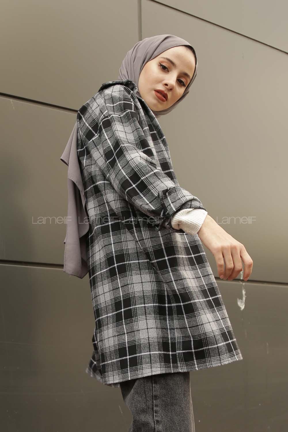 Modalamelif  Önü Düğmeli Oduncu Gömleği Gri Beyaz