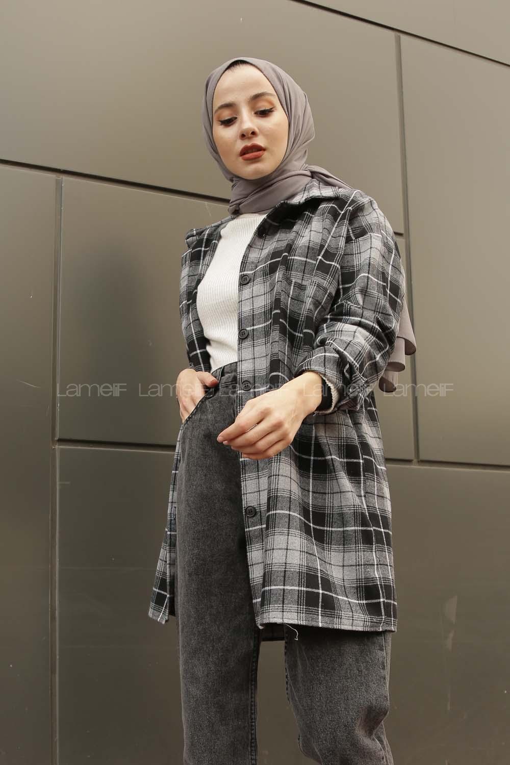 Modalamelif  Önü Düğmeli Oduncu Gömleği Gri Beyaz