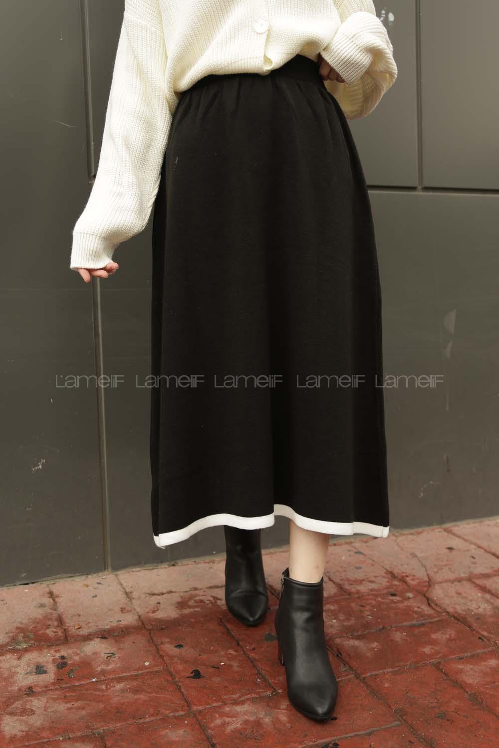 Modalamelif Şerit Geçişli Triko Etek Siyah