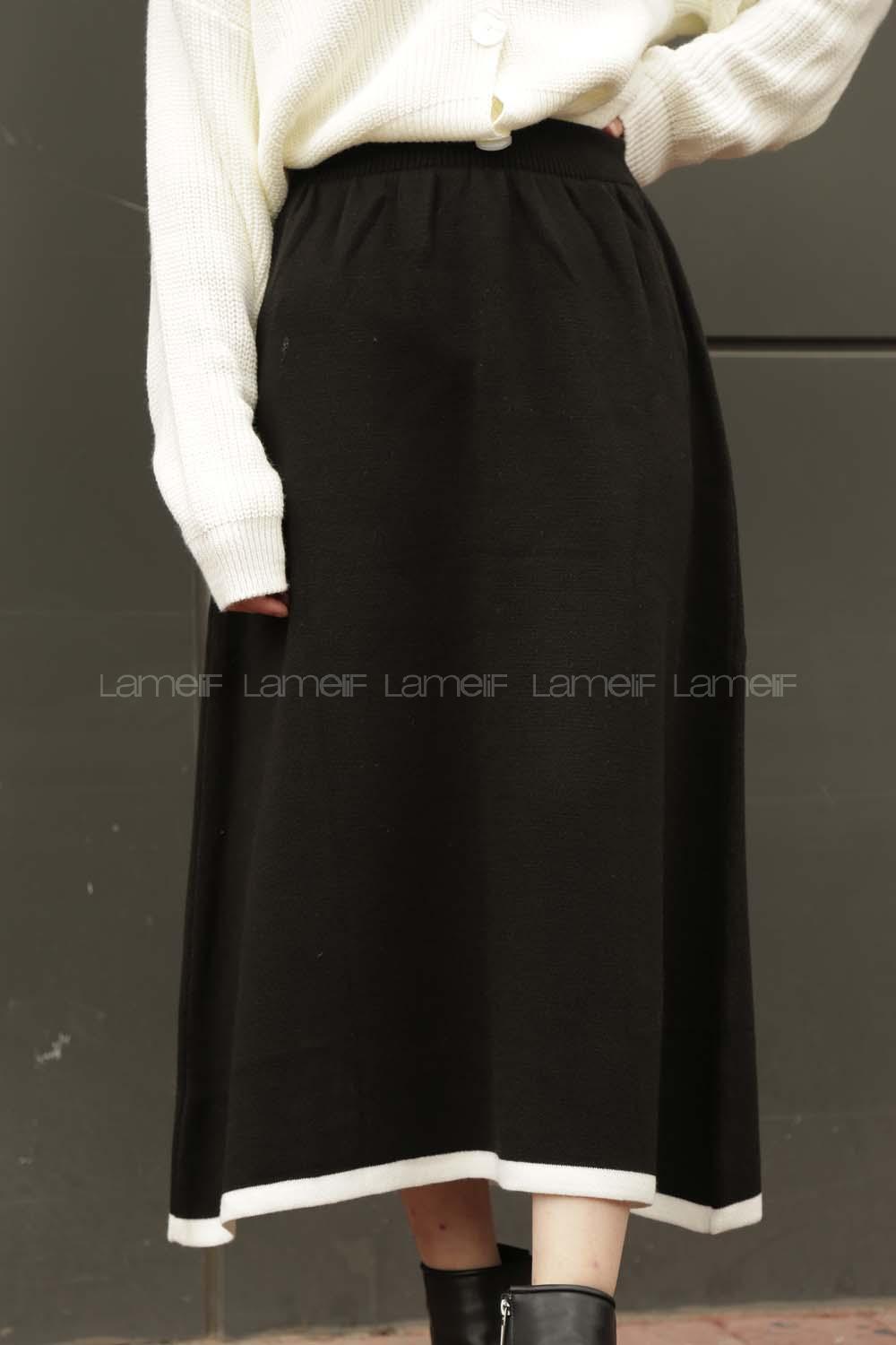 Modalamelif Şerit Geçişli Triko Etek Siyah