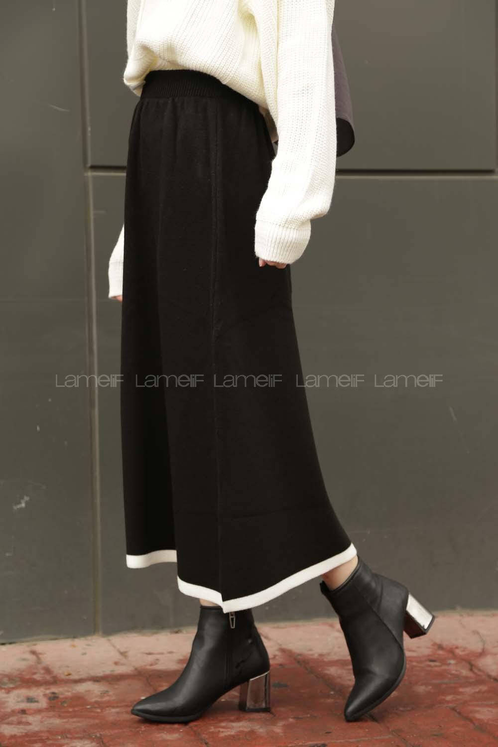 Modalamelif Şerit Geçişli Triko Etek Siyah