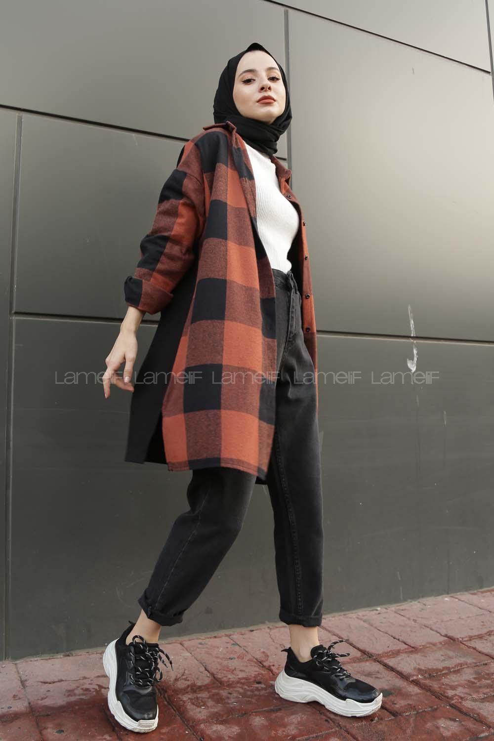 Modalamelif Tek Cep Detaylı Ekose Gömlek Kiremit