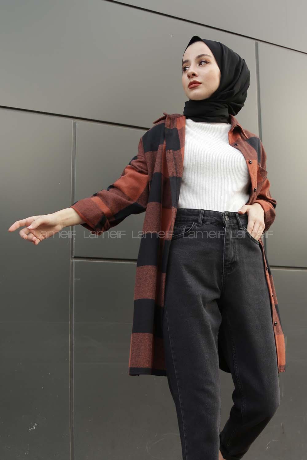 Modalamelif Tek Cep Detaylı Ekose Gömlek Kiremit