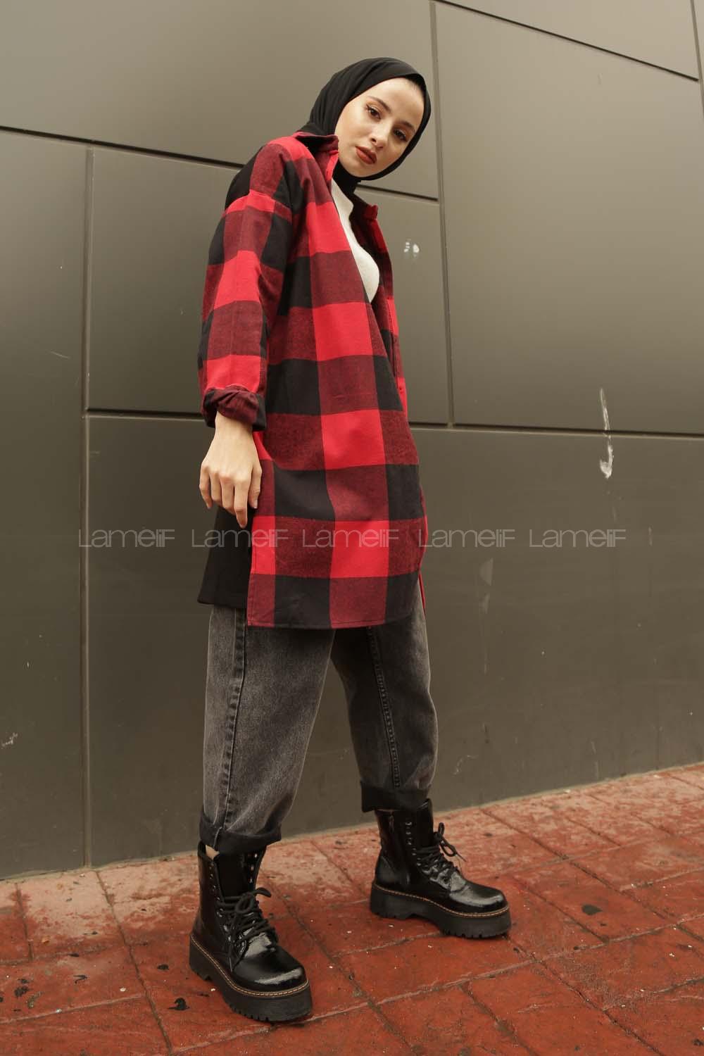 Modalamelif Tek Cep Detaylı Ekose Gömlek  Kırmızı Siyah