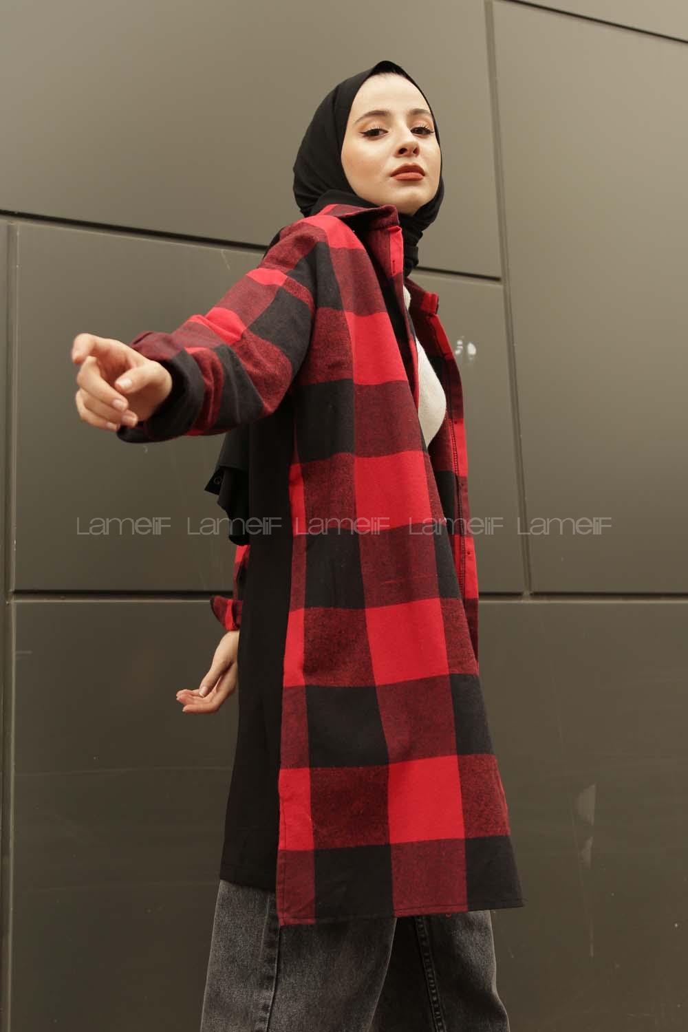 Modalamelif Tek Cep Detaylı Ekose Gömlek  Kırmızı Siyah