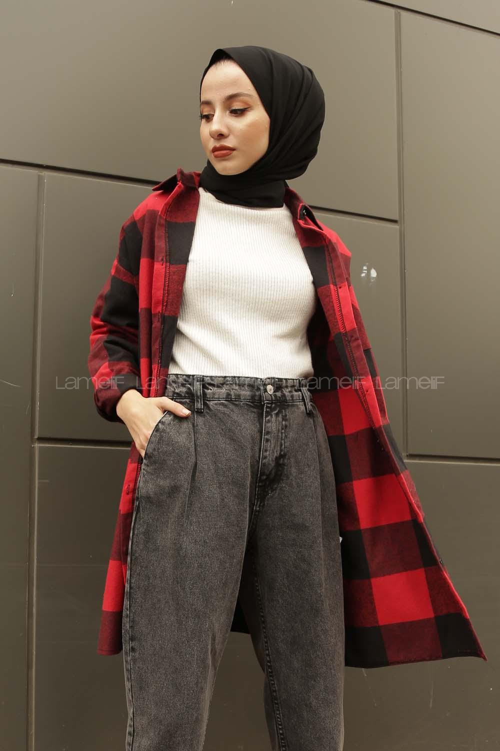 Modalamelif Tek Cep Detaylı Ekose Gömlek  Kırmızı Siyah