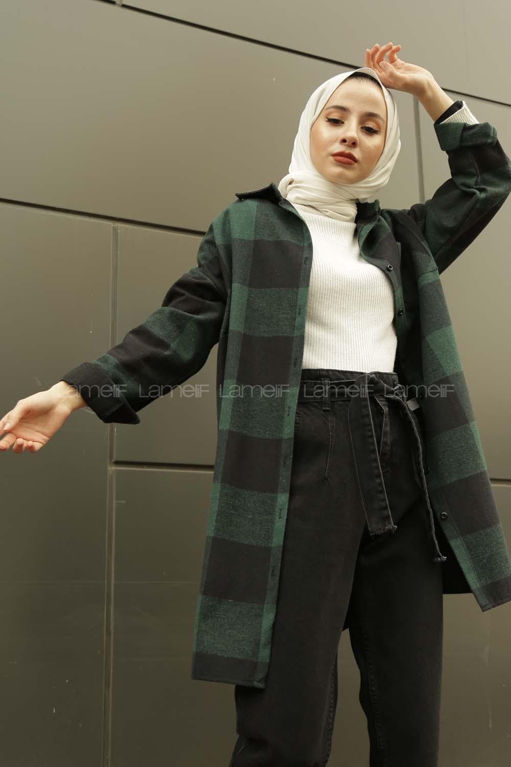 Modalamelif Tek Cep Detaylı Ekose Gömlek  Zümrüt Yeşili