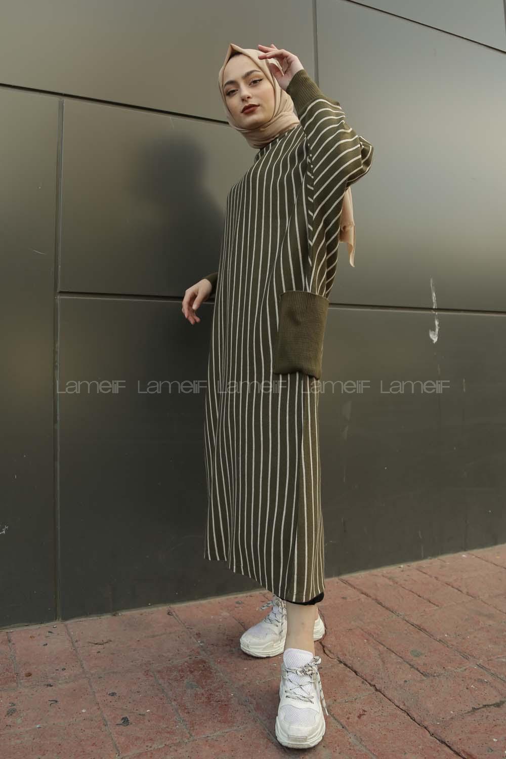 Modalamelif Yarasakol Çizgili  Çift Cepli Triko Elbise Haki