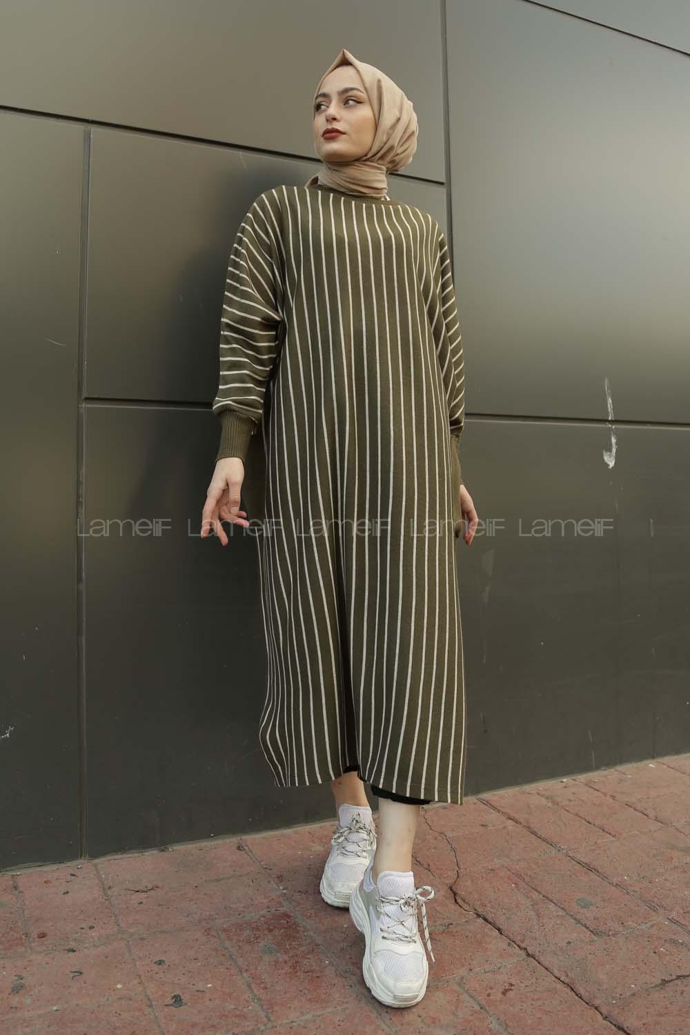 Modalamelif Yarasakol Çizgili  Çift Cepli Triko Elbise Haki