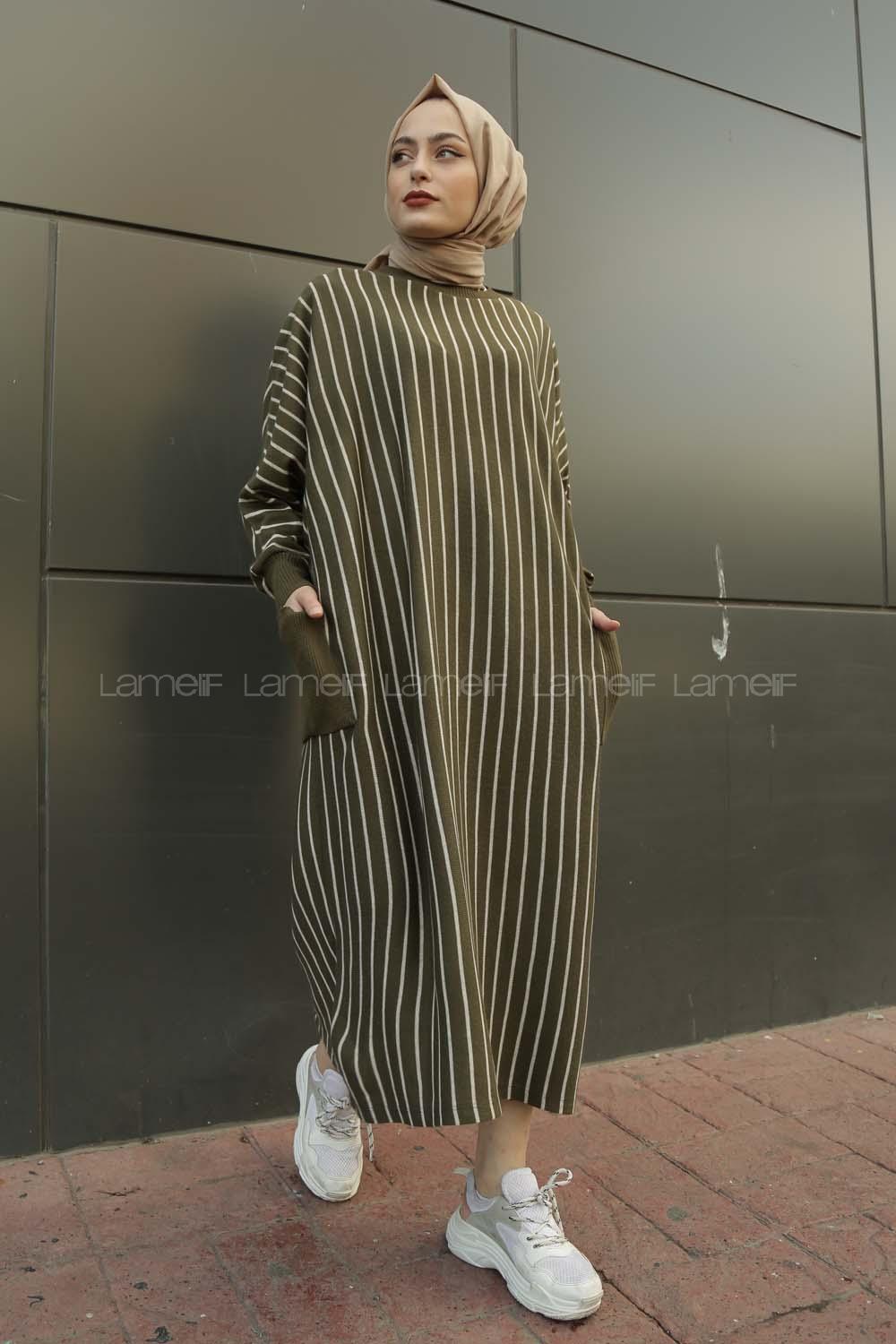Modalamelif Yarasakol Çizgili  Çift Cepli Triko Elbise Haki