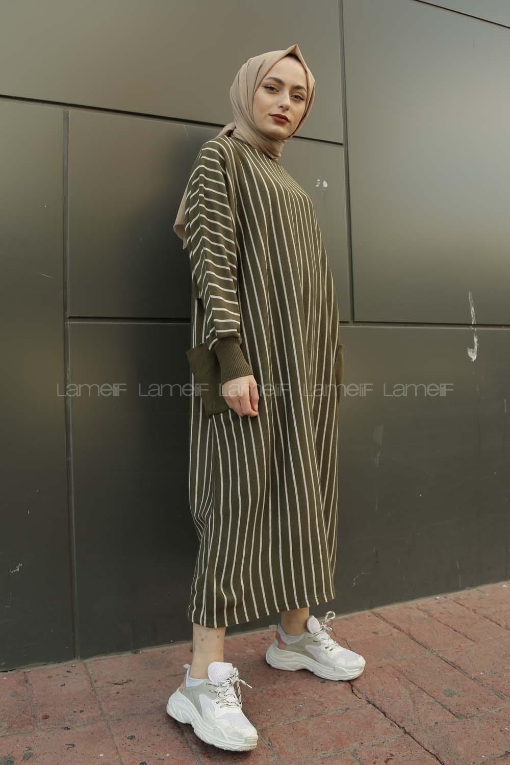 Modalamelif Yarasakol Çizgili  Çift Cepli Triko Elbise Haki