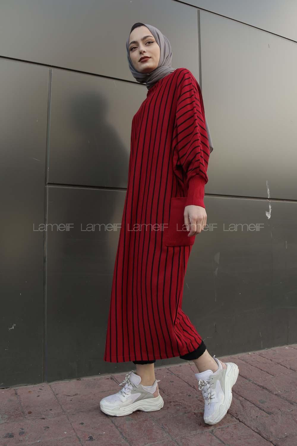 Modalamelif Yarasakol Çizgili  Çift Cepli Triko Elbise Kırmızı