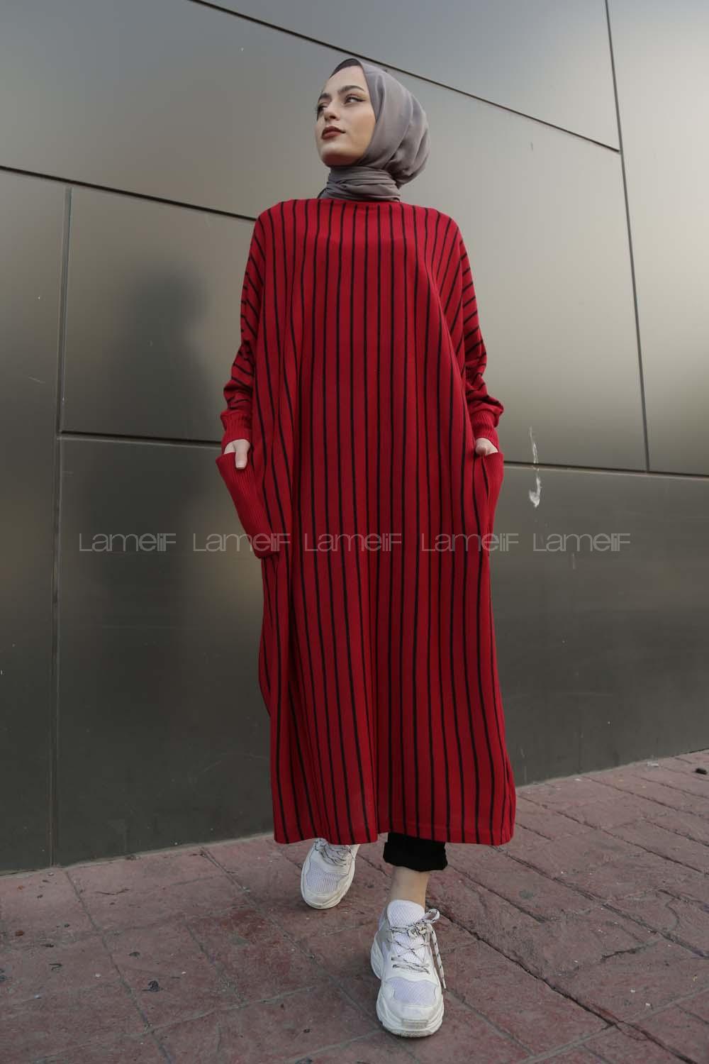 Modalamelif Yarasakol Çizgili  Çift Cepli Triko Elbise Kırmızı