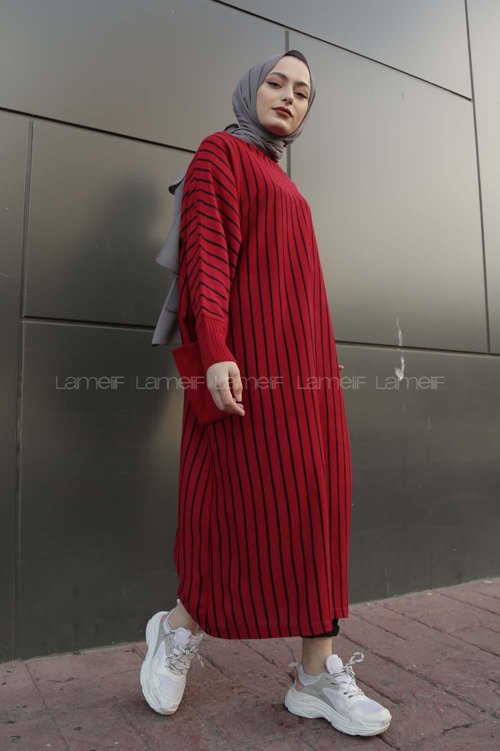 Modalamelif Yarasakol Çizgili  Çift Cepli Triko Elbise Kırmızı