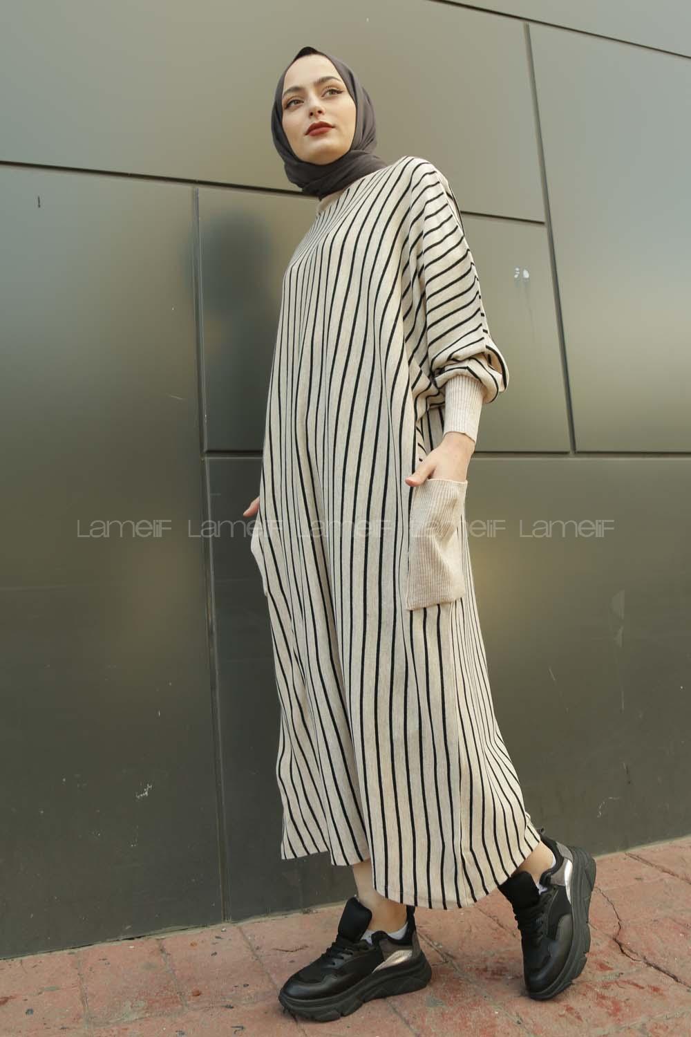 Modalamelif Yarasakol Çizgili  Çift Cepli Triko Elbise Kum Beji