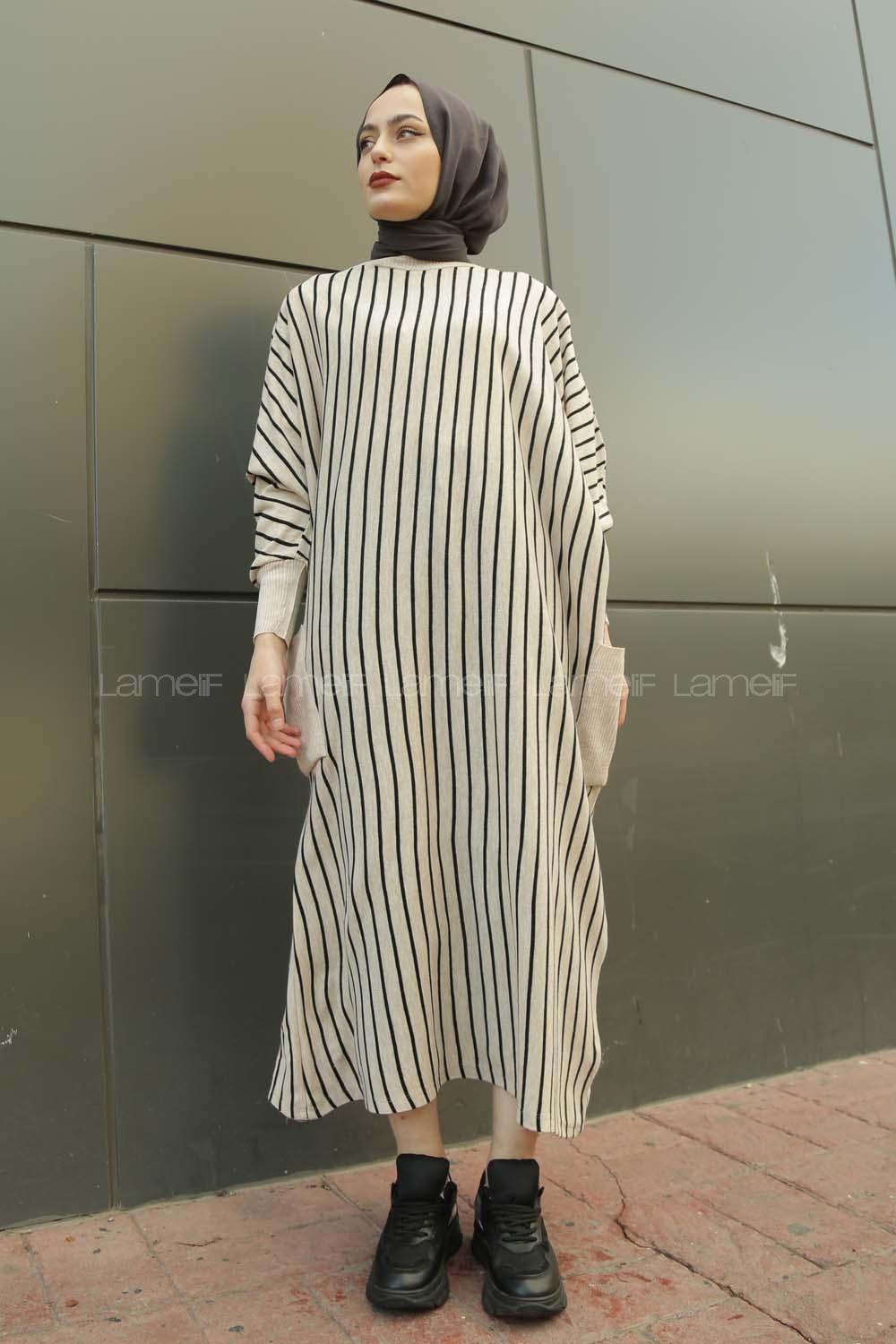 Modalamelif Yarasakol Çizgili  Çift Cepli Triko Elbise Kum Beji