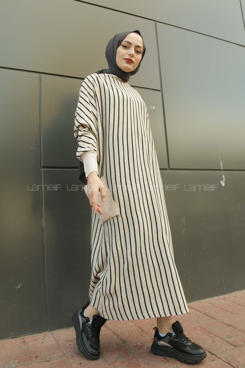 Modalamelif Yarasakol Çizgili  Çift Cepli Triko Elbise Kum Beji