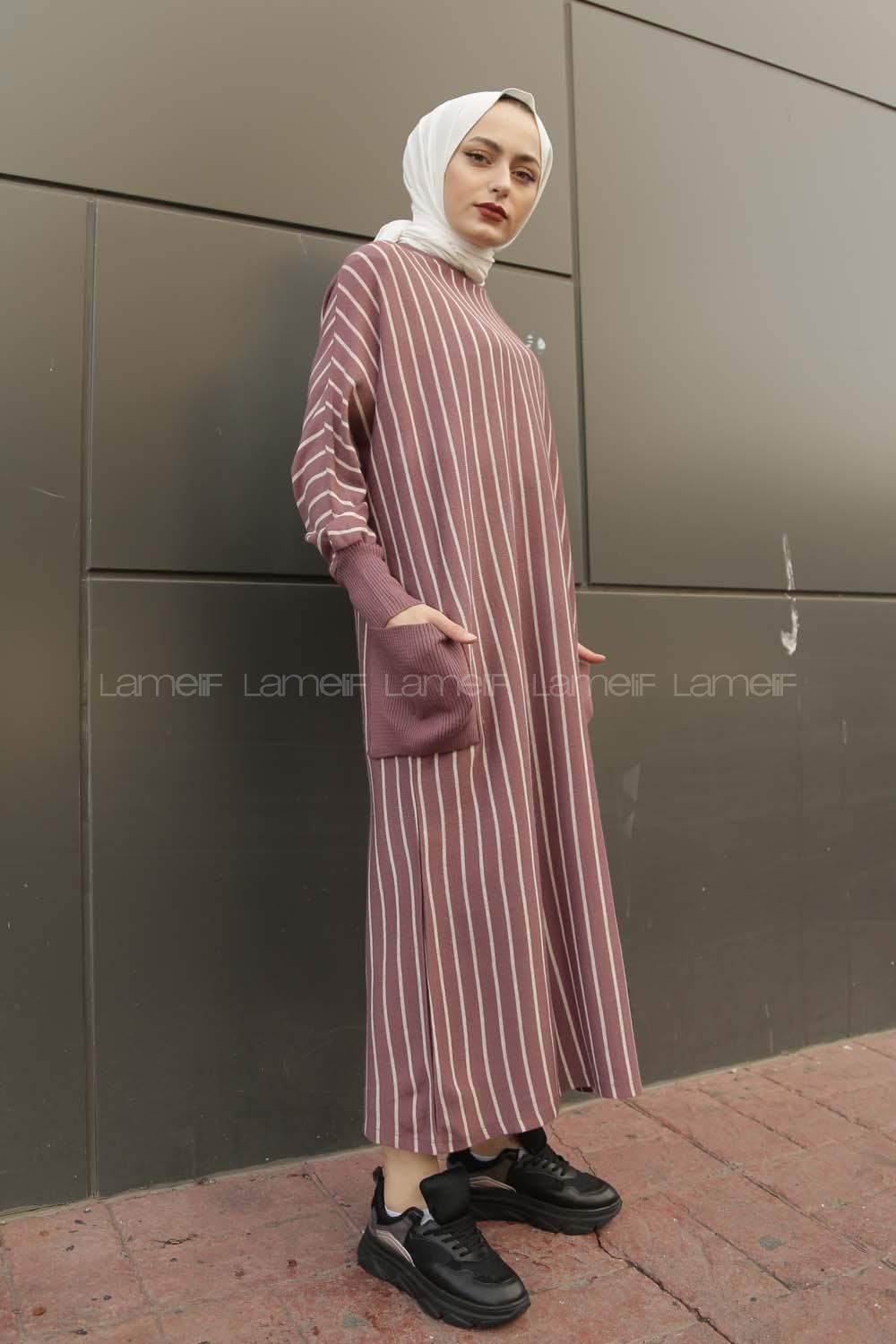 Modalamelif Yarasakol Çizgili  Çift Cepli Triko Elbise Mor