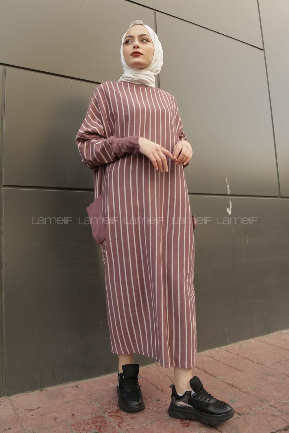 Modalamelif Yarasakol Çizgili  Çift Cepli Triko Elbise Mor