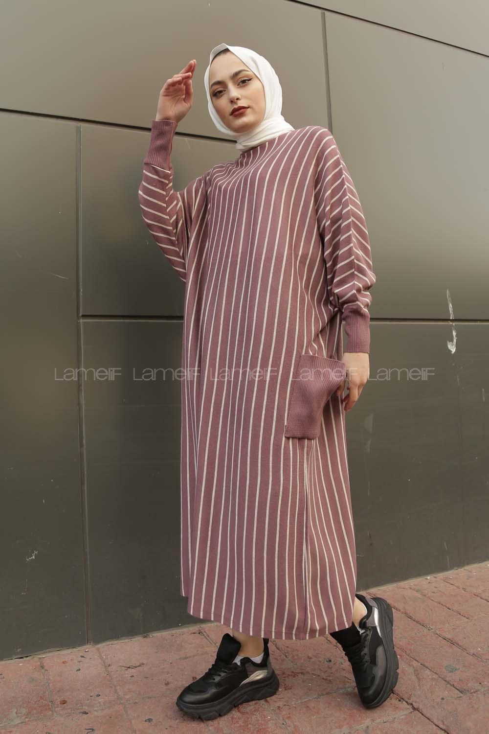 Modalamelif Yarasakol Çizgili  Çift Cepli Triko Elbise Mor