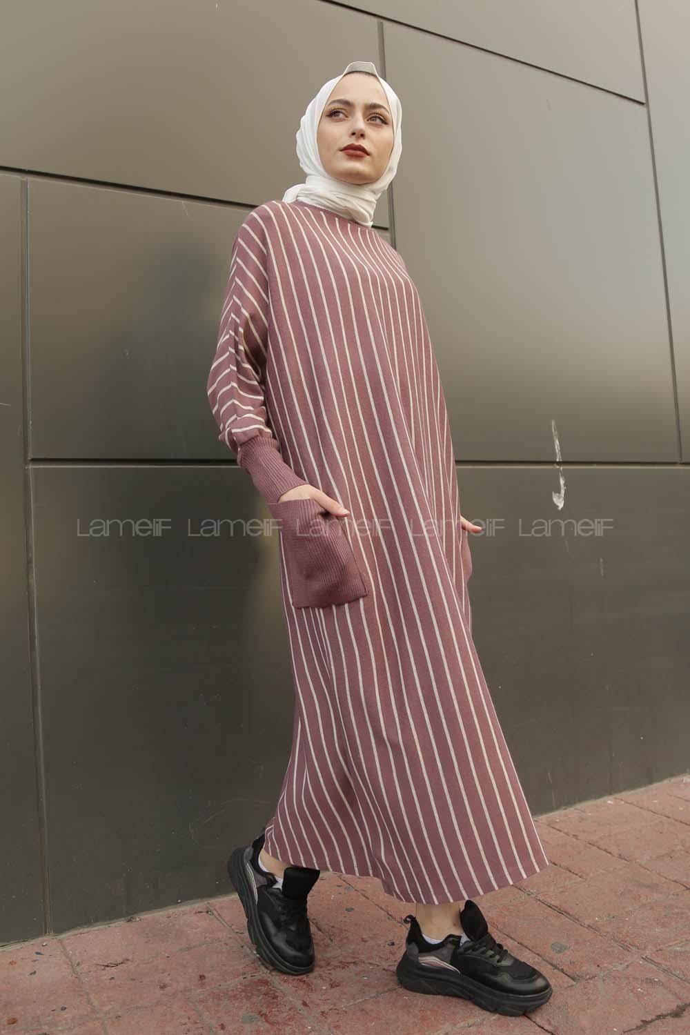 Modalamelif Yarasakol Çizgili  Çift Cepli Triko Elbise Mor