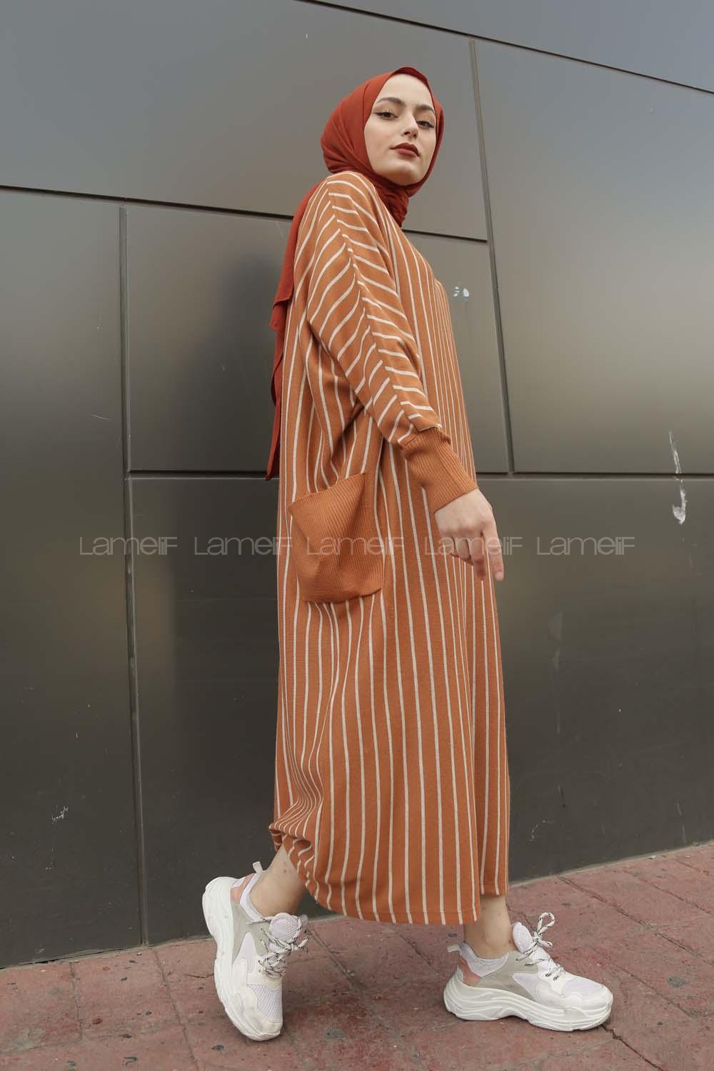 Modalamelif Yarasakol Çizgili  Çift Cepli Triko Elbise Taba