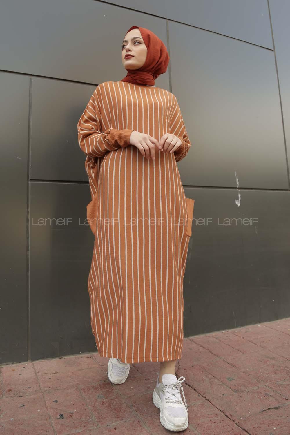 Modalamelif Yarasakol Çizgili  Çift Cepli Triko Elbise Taba