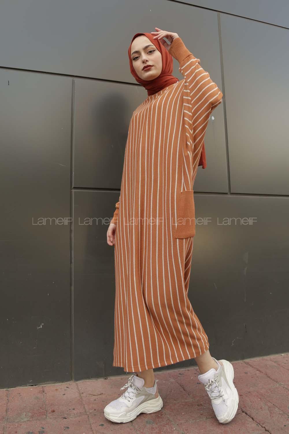 Modalamelif Yarasakol Çizgili  Çift Cepli Triko Elbise Taba