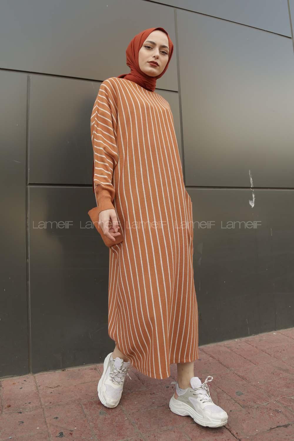 Modalamelif Yarasakol Çizgili  Çift Cepli Triko Elbise Taba