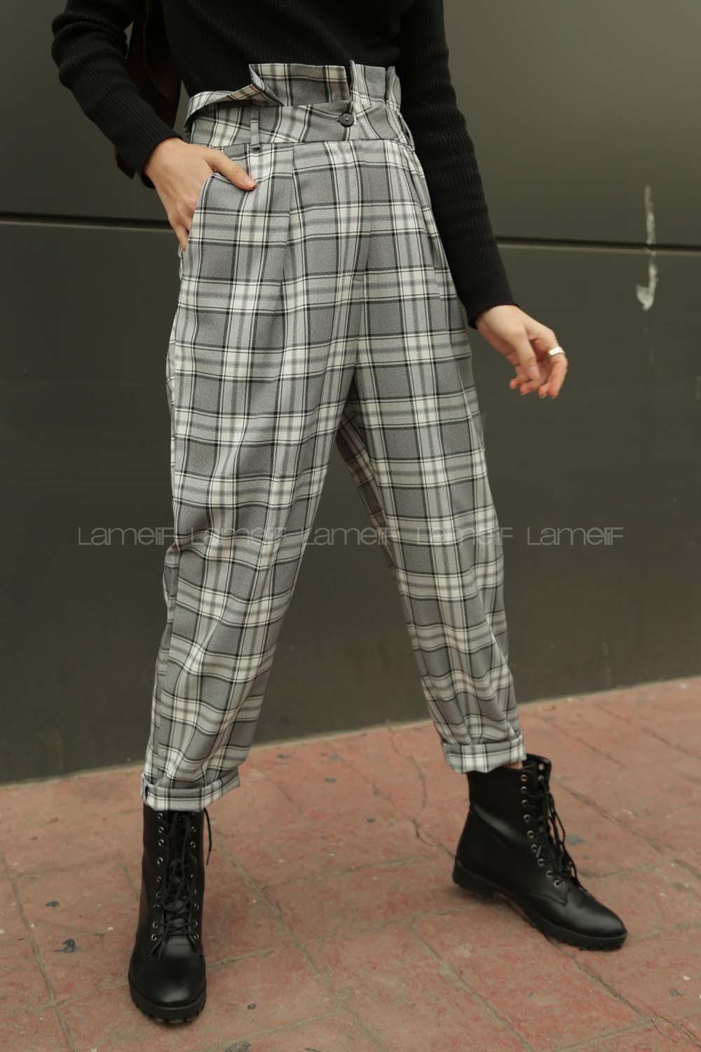 Modalamelif Beli Fırfırlı Düğme Detaylı Kareli Ekose Pantolon Gri