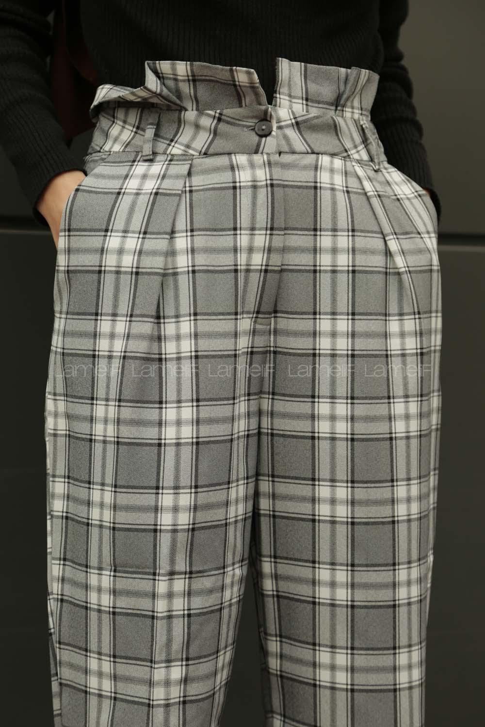 Modalamelif Beli Fırfırlı Düğme Detaylı Kareli Ekose Pantolon Gri