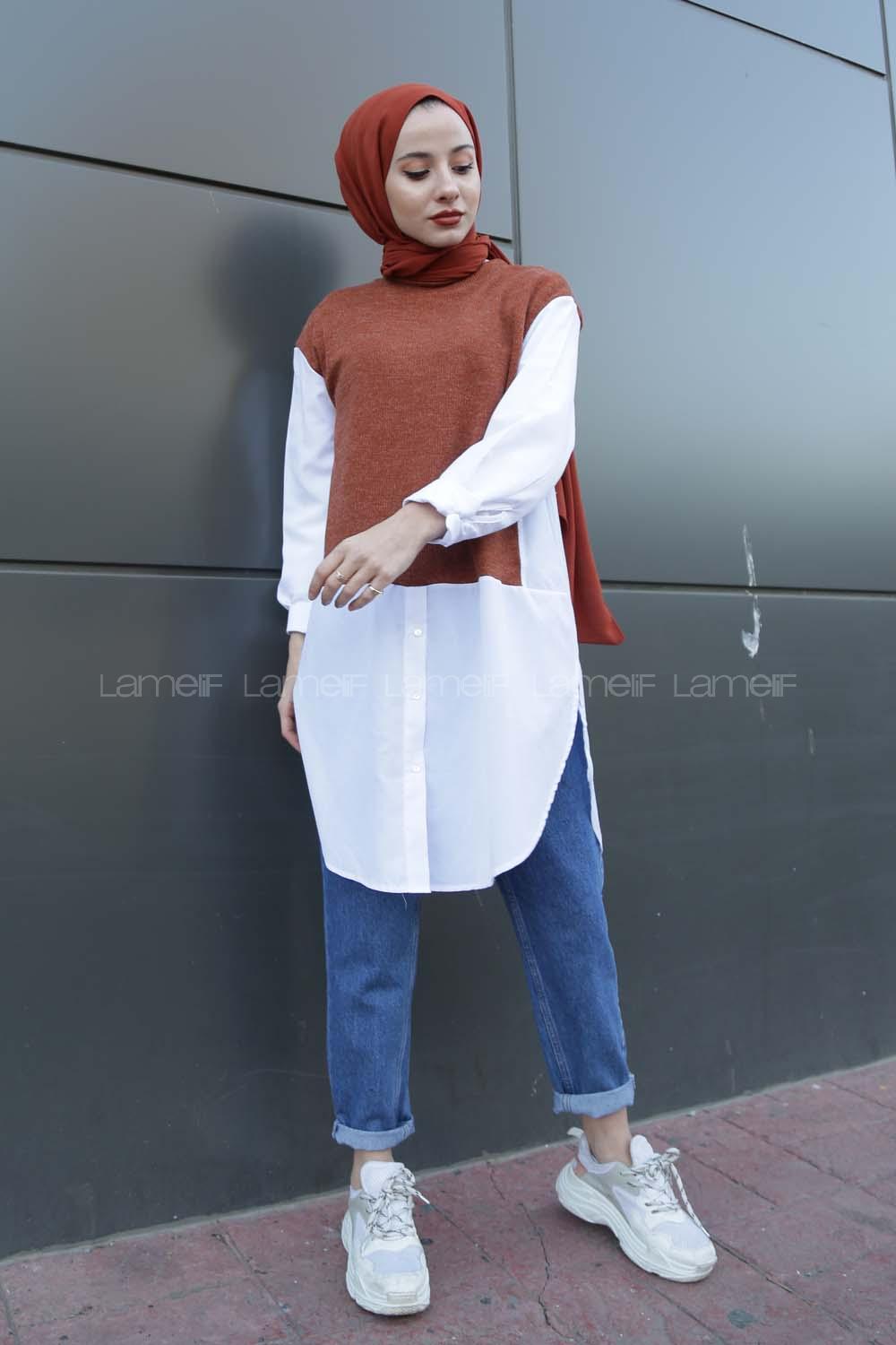 Modalamelif Gömlek Kollu Triko Tunik Tarçın