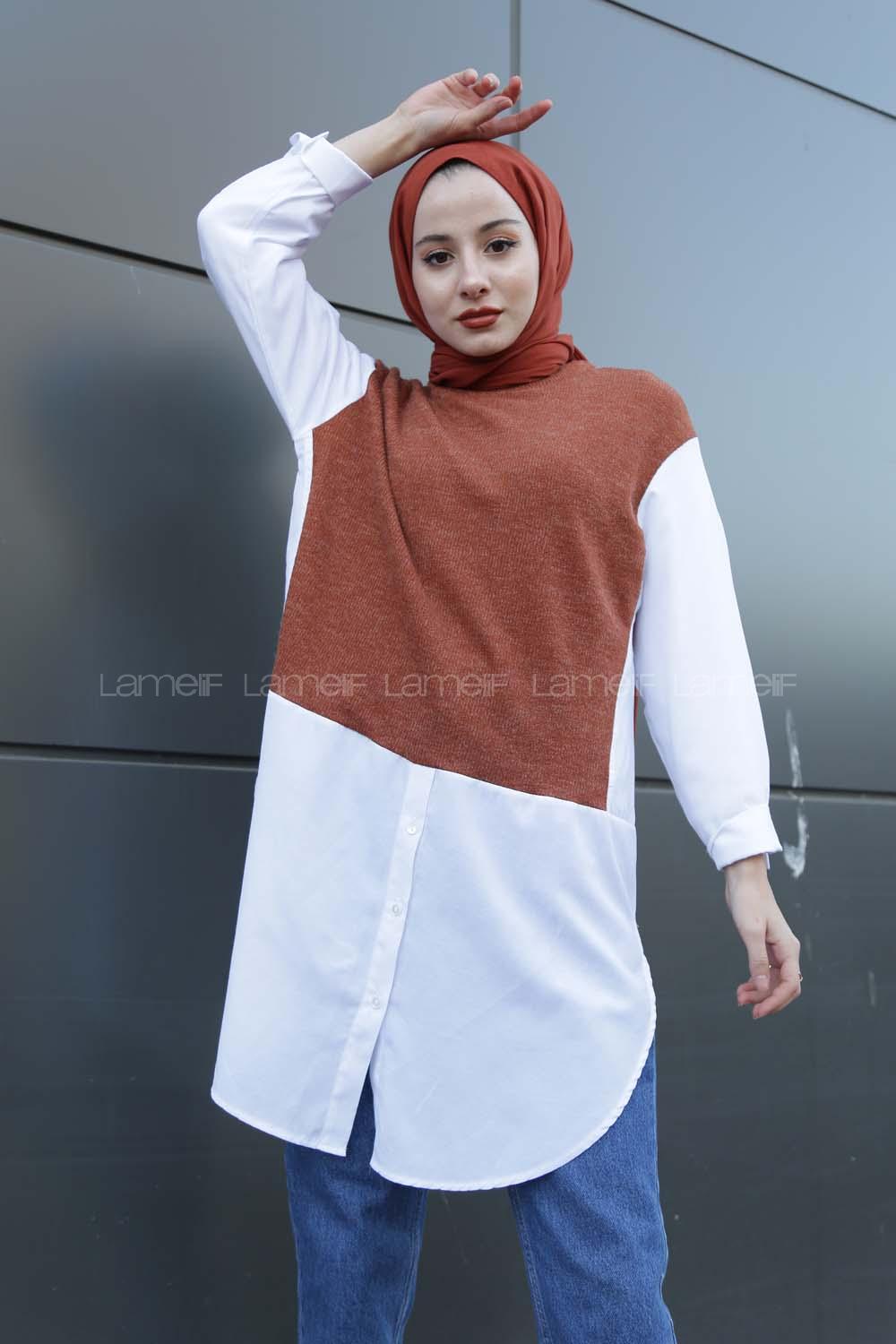 Modalamelif Gömlek Kollu Triko Tunik Tarçın