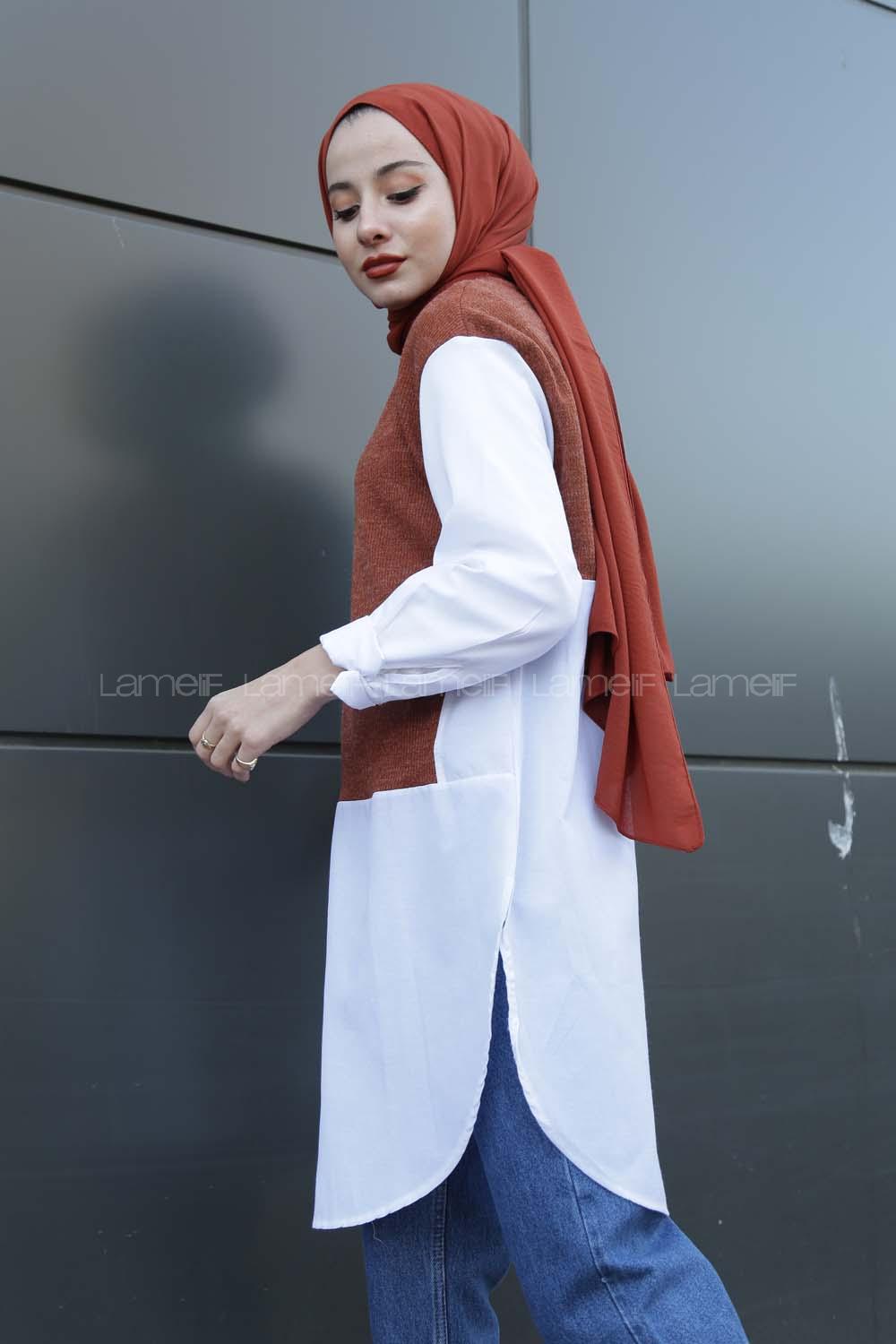 Modalamelif Gömlek Kollu Triko Tunik Tarçın