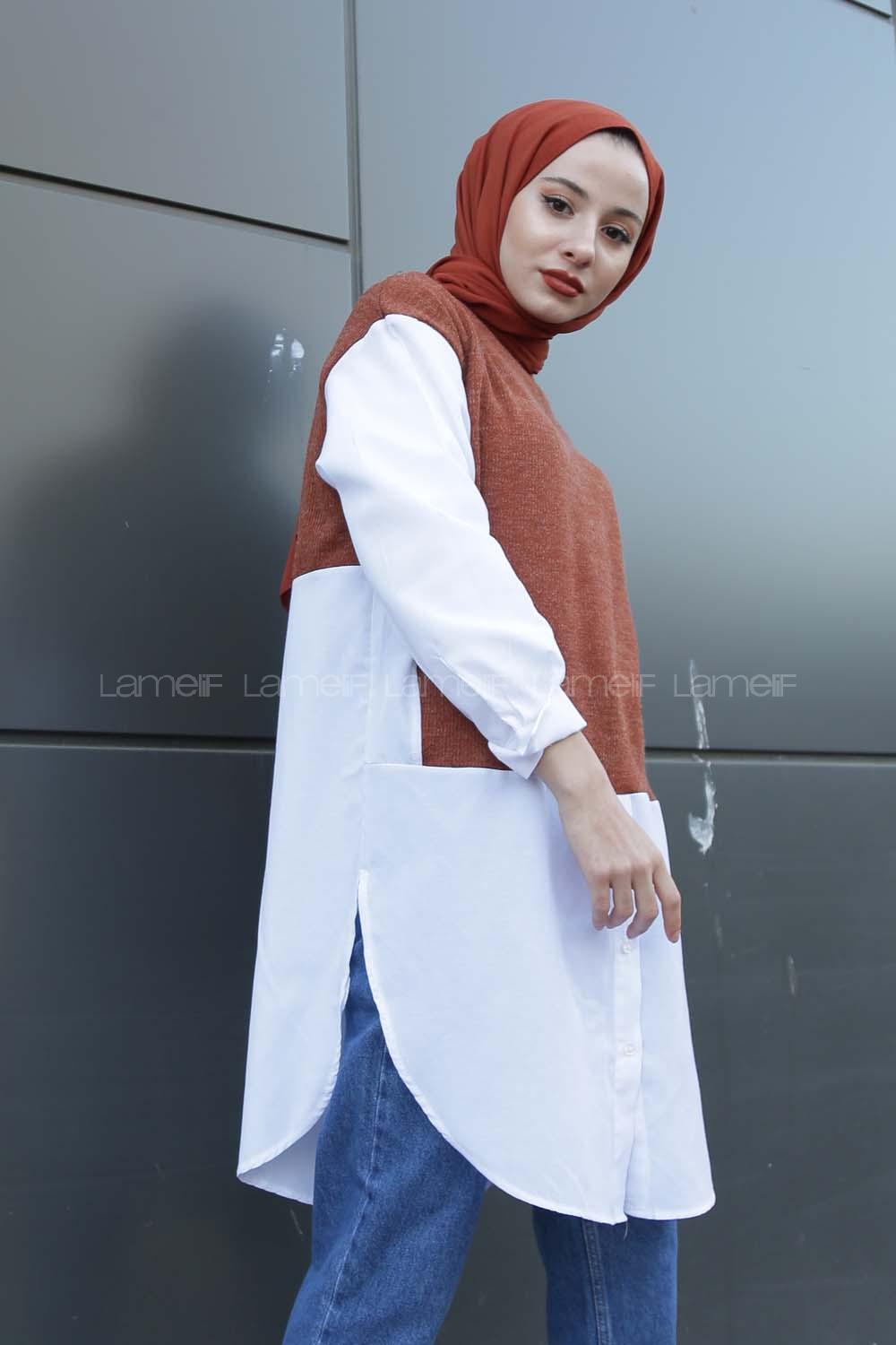 Modalamelif Gömlek Kollu Triko Tunik Tarçın