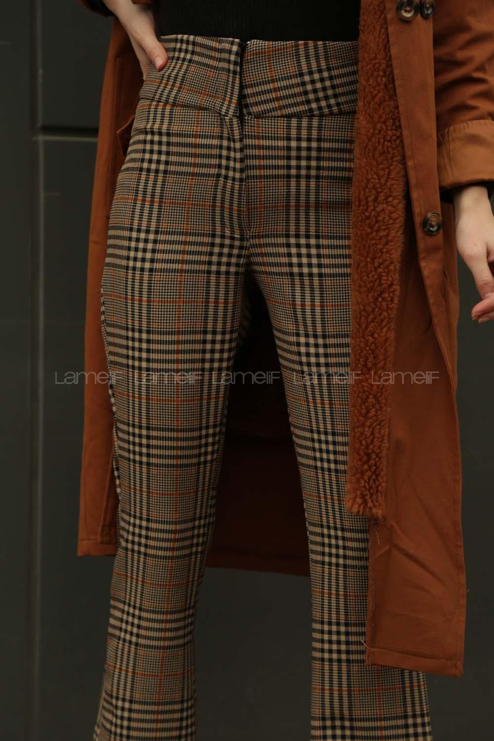 Modalamelif İspanyol Paça Ekose Pantolon Karamel