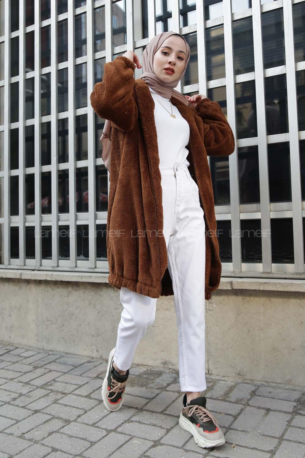 Modalamelif Kapşonlu Peluş Mont Acı kahve