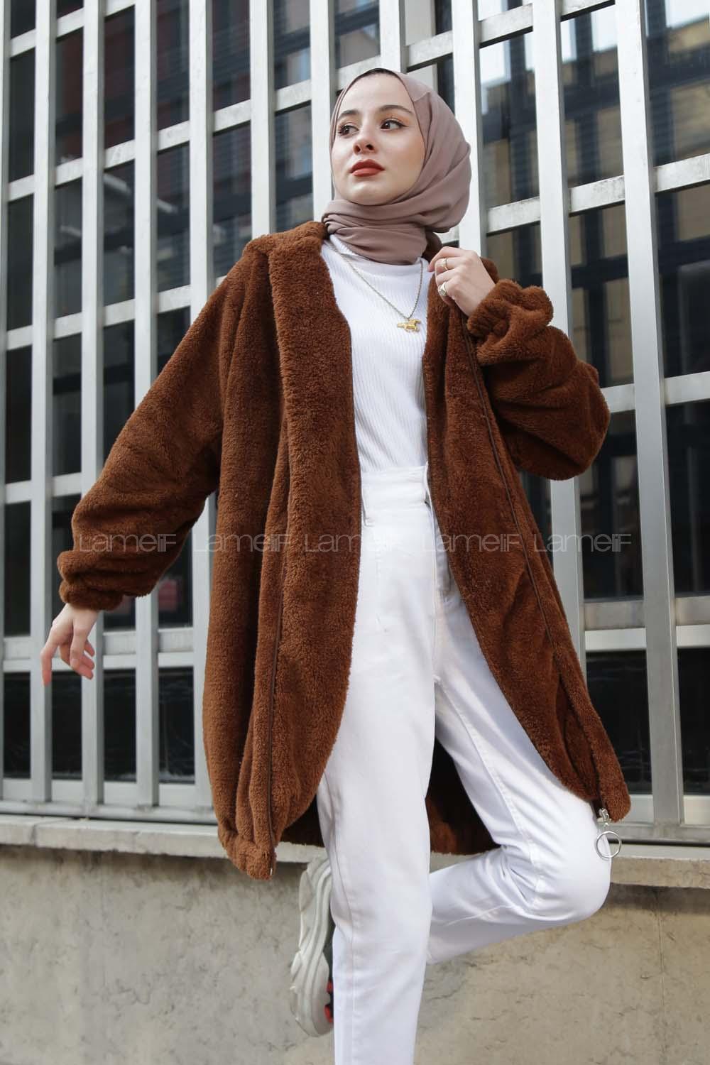 Modalamelif Kapşonlu Peluş Mont Acı kahve