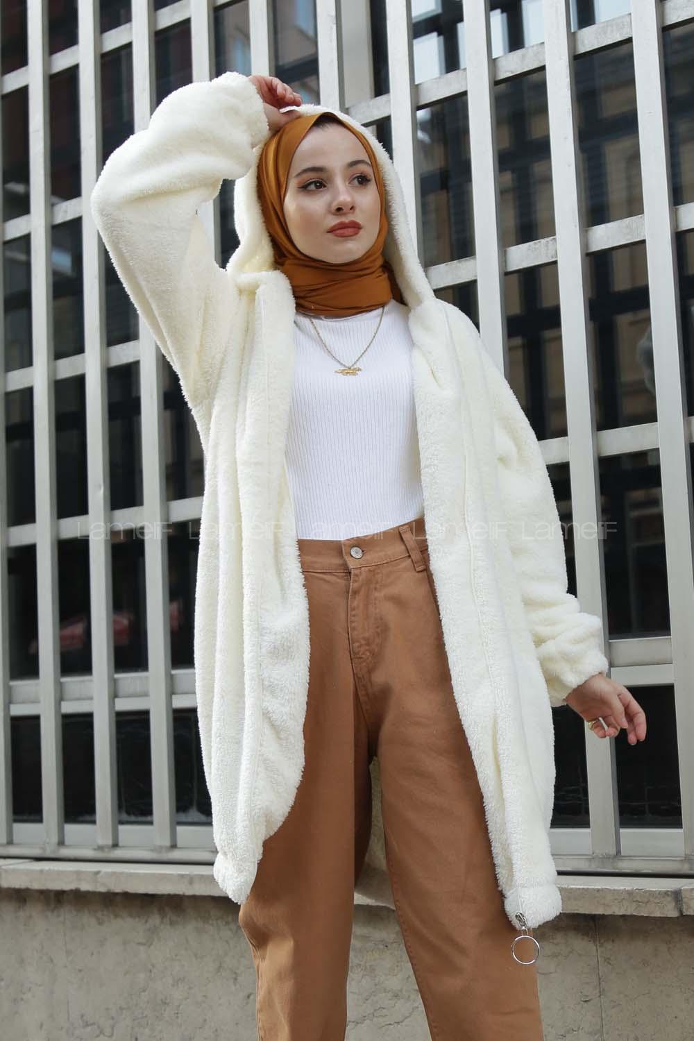 Modalamelif Kapşonlu Peluş Mont Ekru
