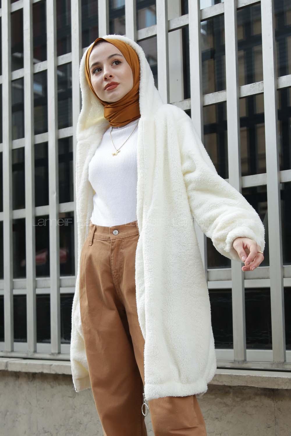 Modalamelif Kapşonlu Peluş Mont Ekru
