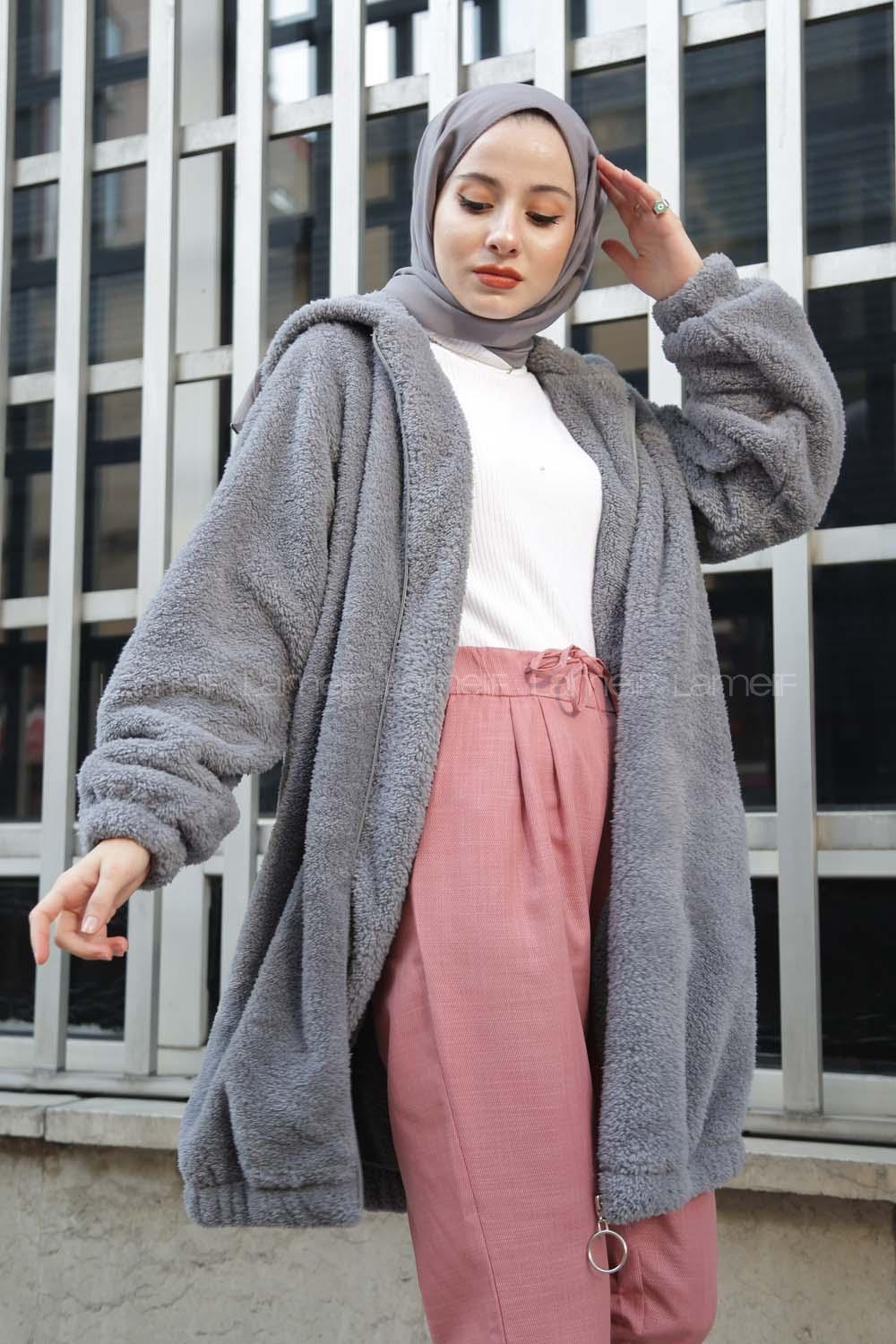 Modalamelif Kapşonlu Peluş Mont Gri