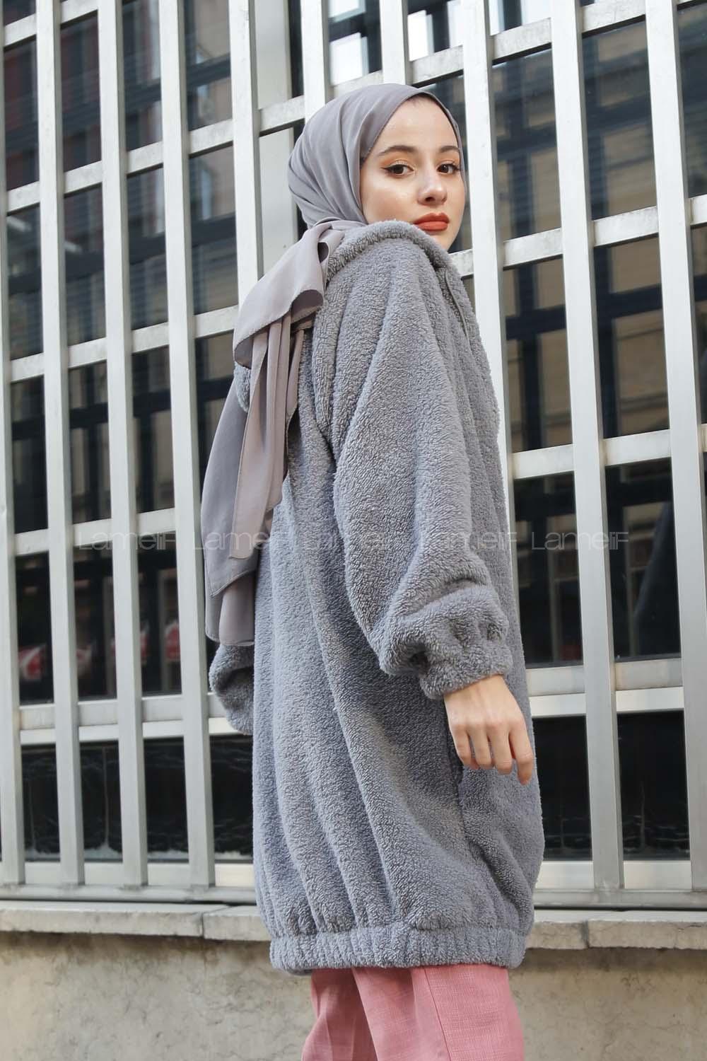 Modalamelif Kapşonlu Peluş Mont Gri